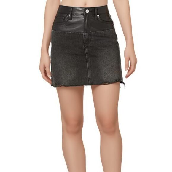 Blank NYC Vegan Leather & Denim Patchwork Mini Skirt in Black NWT Size 28 - Picture 1 of 10